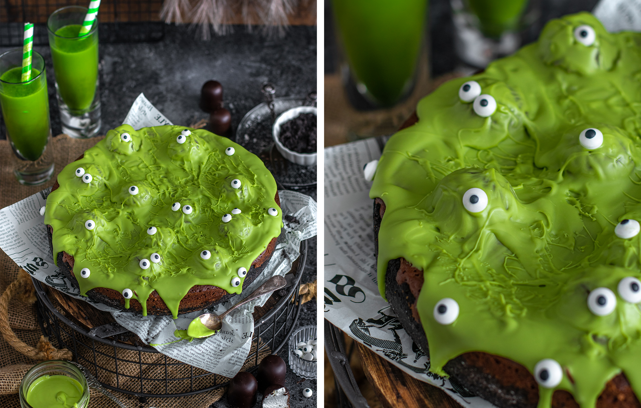Cremige Halloween Schokoladentarte mit Slime Monstern